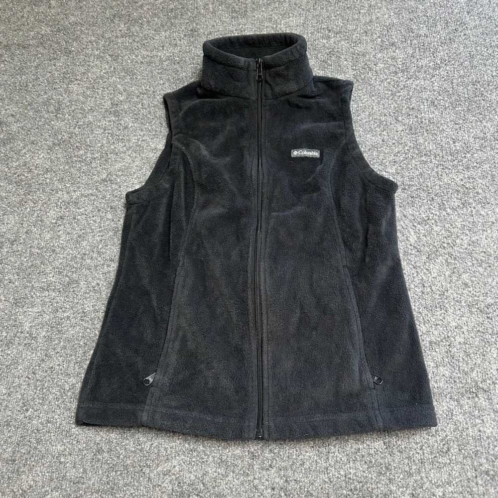 Columbia Fleece Vest Womens Size L Black Full Zip Mock Neck Sleeveless Outdoor
